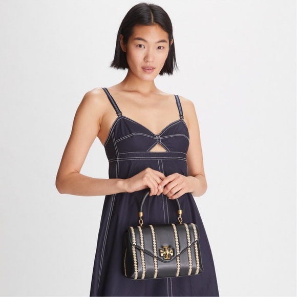 Tory Burch Handbags - Tory Burch Small Kira Raffia Stripe Top-Handle Satchel
Black Natural